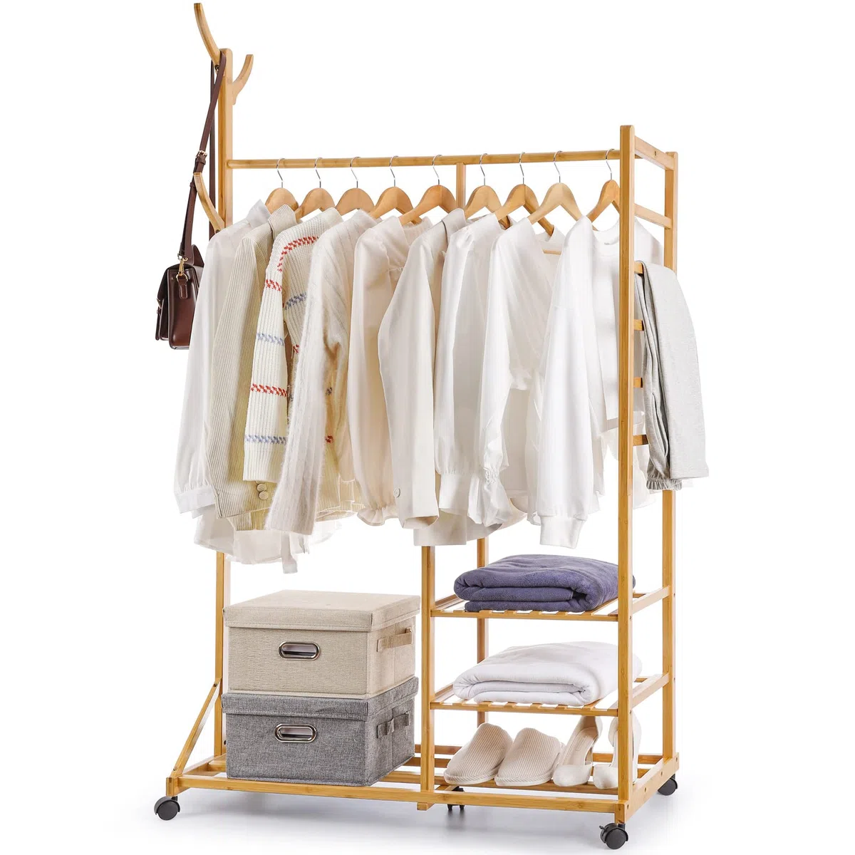 Yorbay Appendiabiti in bambù con Ruote,con 3 Ripiani e 6 Gancio ad Albero,176x100x38 cm, per Vestiti,Cappelli,Borse e Scatola per Scarpe (Naturale)
