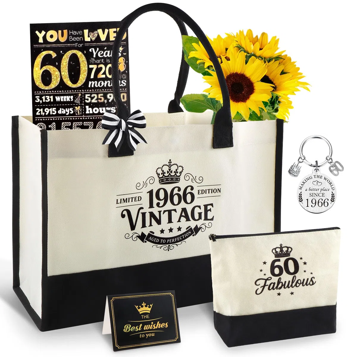 Regalo per compleanni, vintage, set regalo in tela con fodera impermeabile, biglietto di auguri, portachiavi sostenibile, regalo per mamma, fidanzata o moglie, bianco e nero