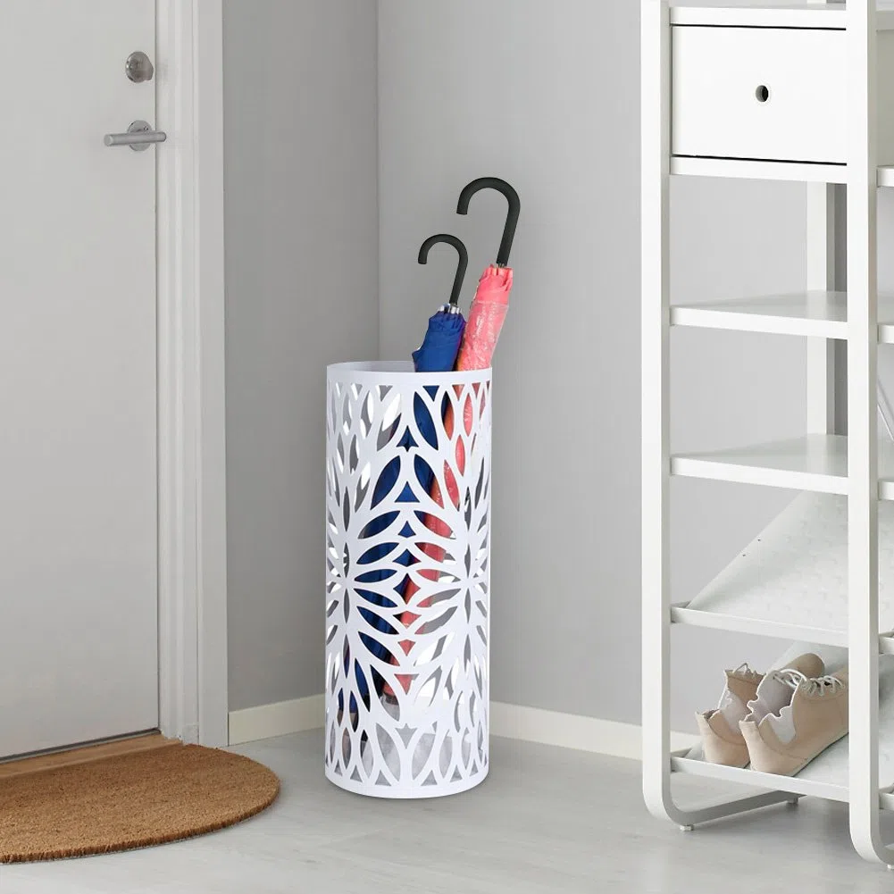 Bakaji Portaombrelli Stand in Ferro Design Colore Bianco Vaschetta Salvagoccia e Ganci Dimensioni 49 x 19,5 cm