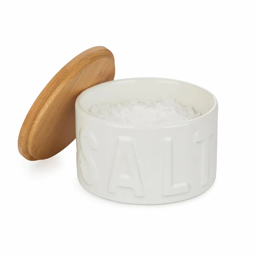 Balvi Barattolo per sale Salt Colore bianco Portasale con coperchio per cucina XL Ceramica/bamboo 4,8