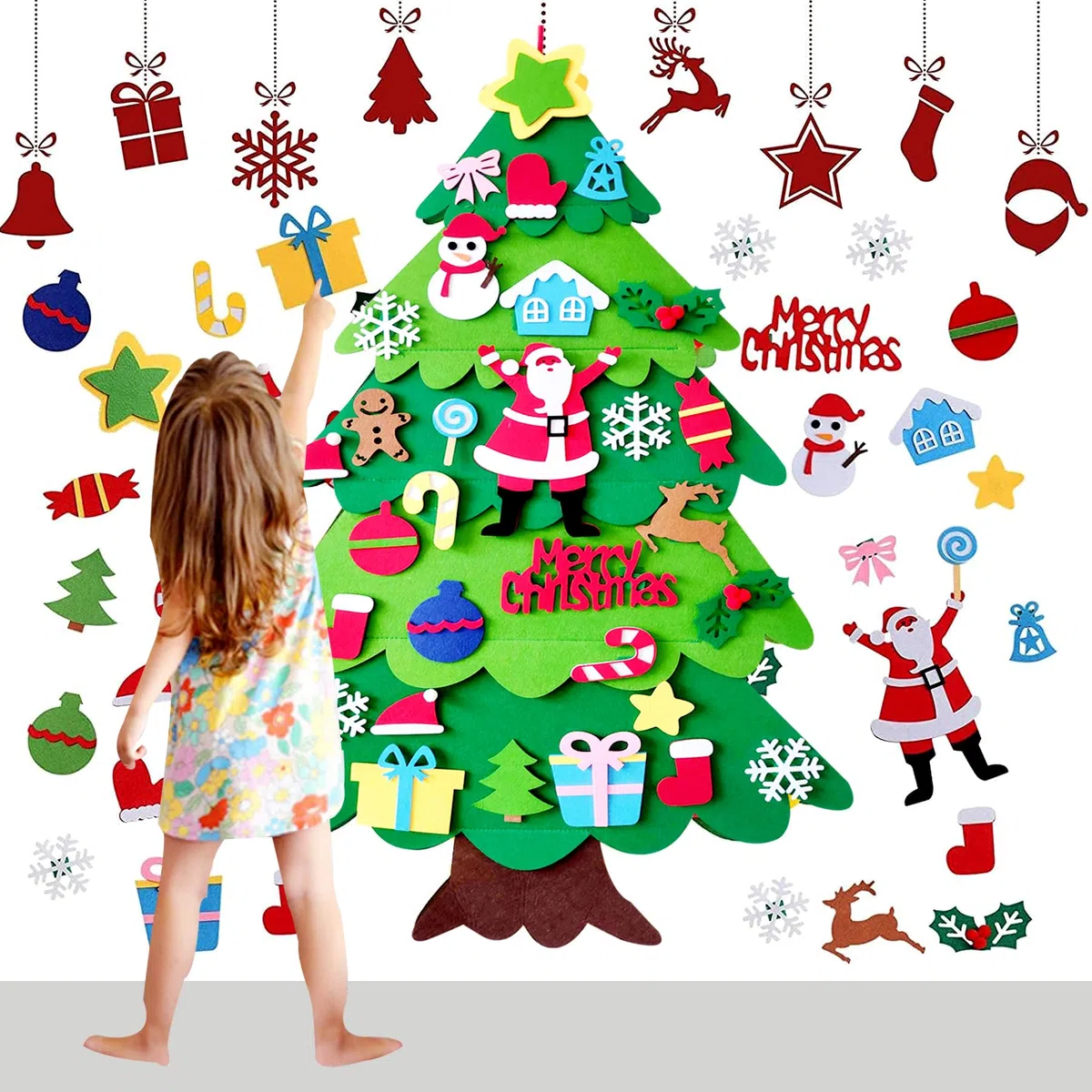 OUQIWEN Feltro Albero Natale,100 cm DIY Albero Natale Feltro Per Bambini Con 32 Staccabili Ornamenti,Decorazioni Natalizie Da Parete Per Porte