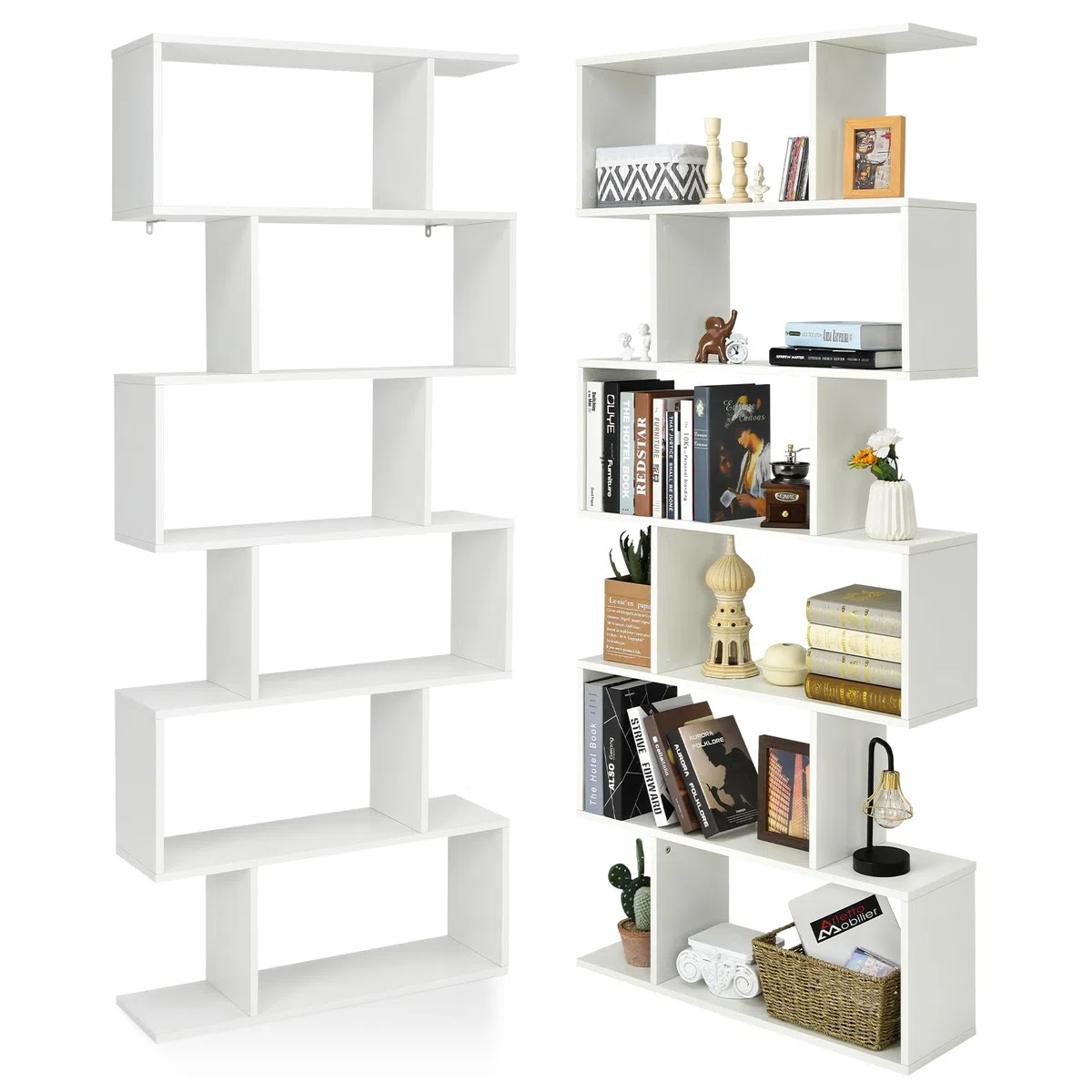 HOMASIS Libreria da Parete a 6 Livelli, Libreria Scaffale in Legno, Divisorio a Parete Multifunzionale con Design Antiribaltamento, Scaffale a S per Ufficio, Salotto, 80 x 23 x 191cm (Bianco)