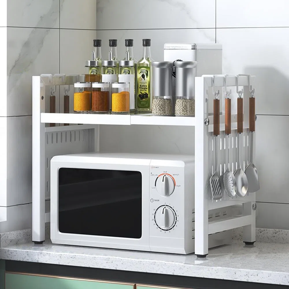 Scaffale allungabile per microonde con 6 ganci, ripiano da bancone per forno a microonde, portaoggetti e organizzazione da cucina, supporto per panettiere per spezie, organizzatore per