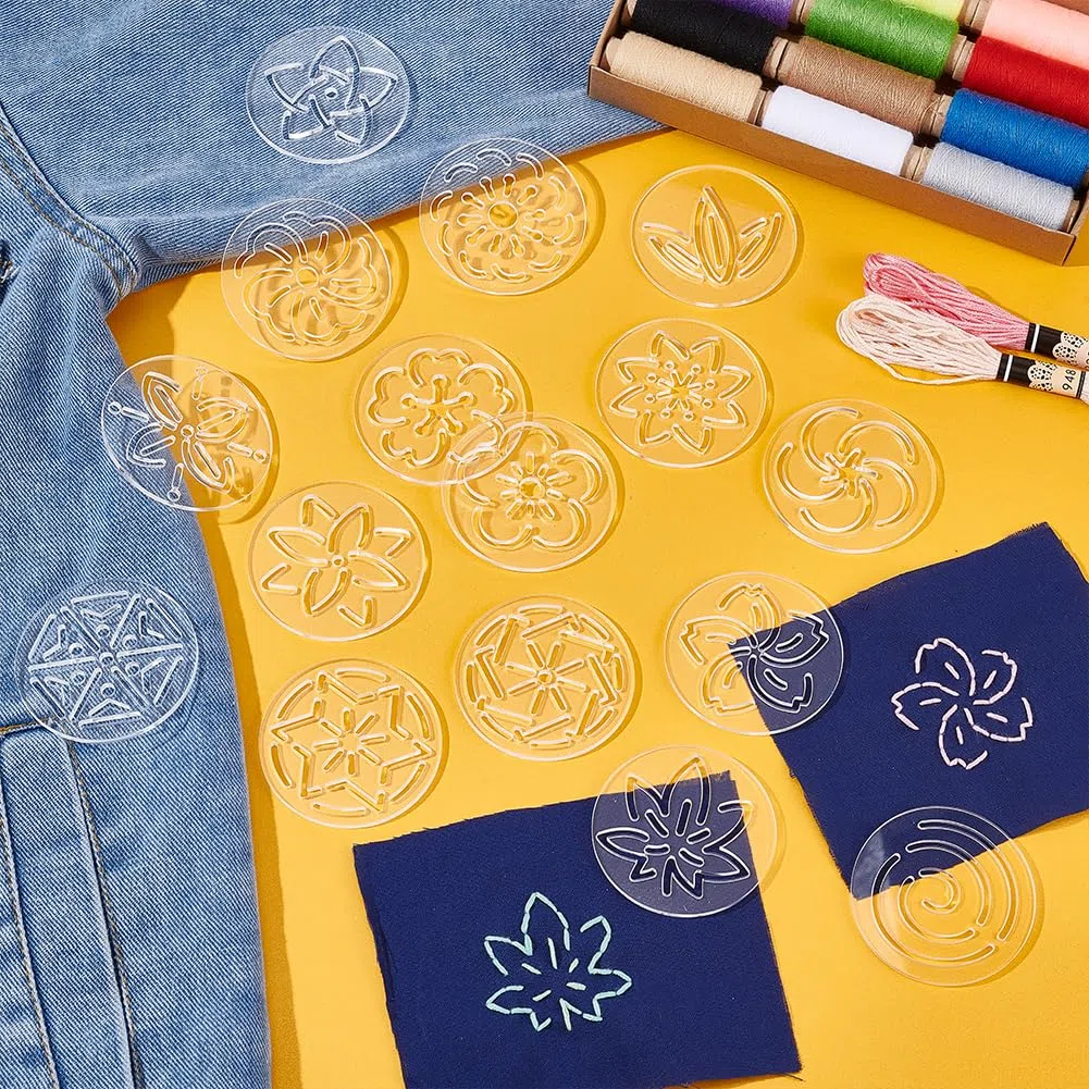 BENECREAT 16 pz. Stencil Sashiko in Acrilico, Strumento per Ricamo in Acrilico con Fiori Rotondi da 6cm, Modello di Linea di Disegno per Trapuntatura A Mano e Ricamo, 3mm di Spessore