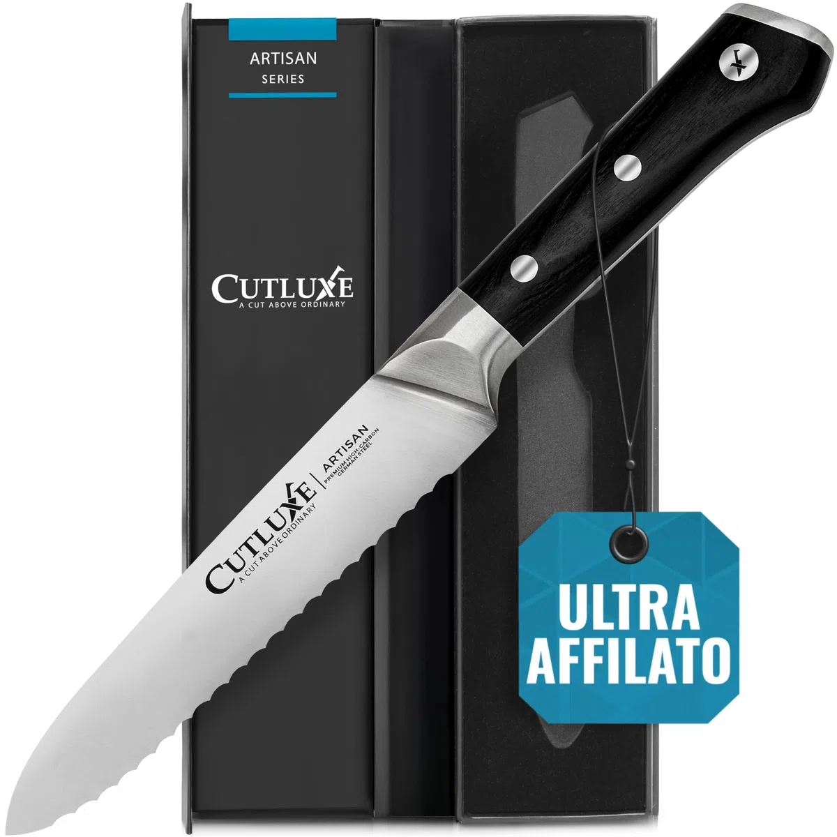 Cutluxe Seghettato Coltello Universale - 13 cm Coltello da Cucina Professionale - Coltello Pomodoro - Coltello Verdure - Acciaio Tedesco al Carbonio Forgiato - Impugnatura Ergonomica - Serie Artisan