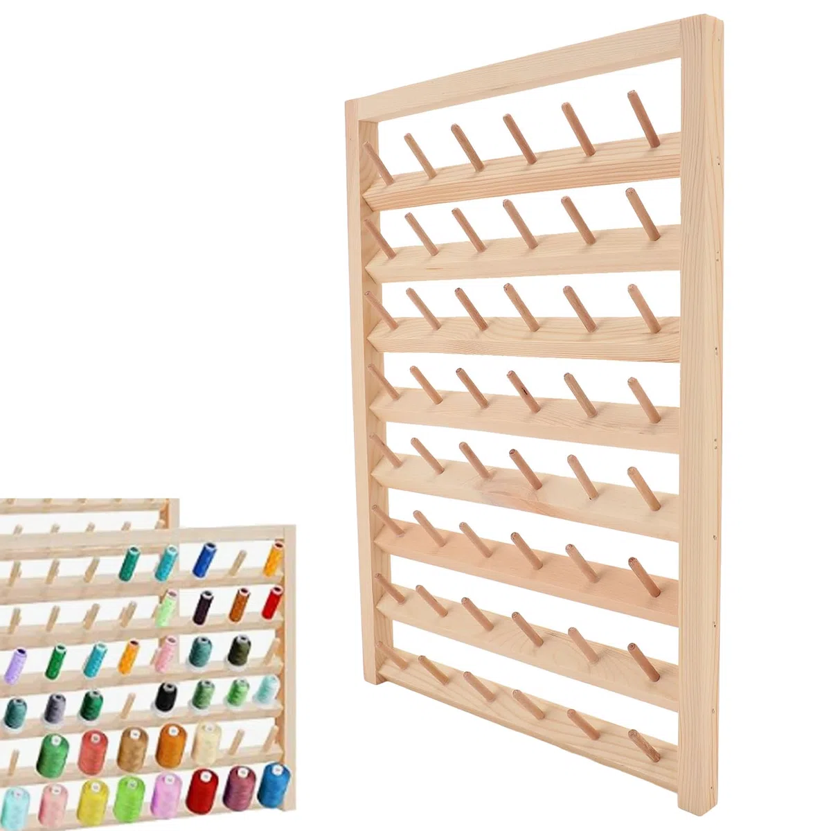 Porta rocchetti per filo da cucito da 48 pezzi, supporto da parete con ganci, organizer in legno da parete per quilting, gioielli e ricamo
