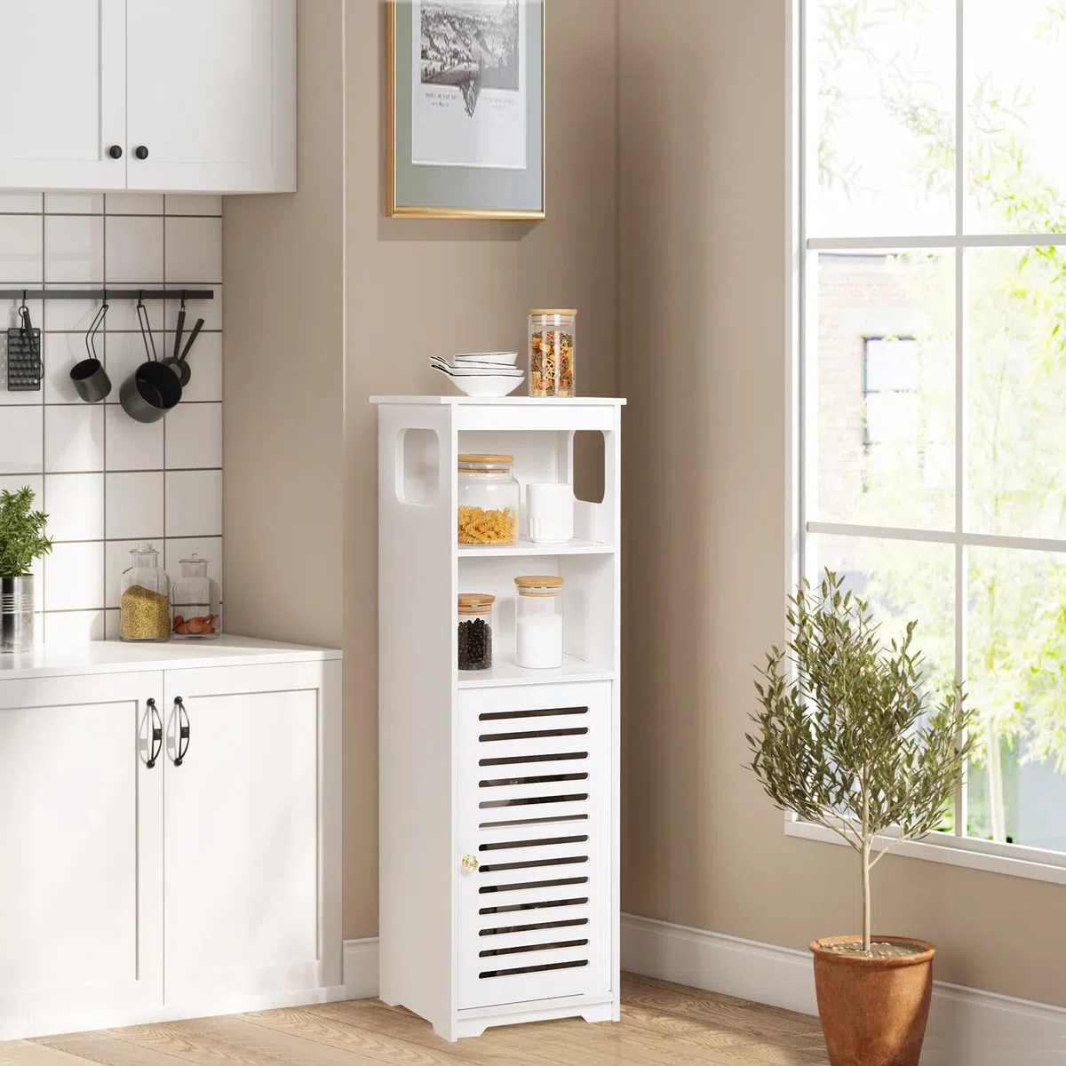 UTOKON Armadietto da bagno impermeabile, bianco a pavimento, per riporre oggetti per la casa, per WC, camera da letto, cucina, soggiorno