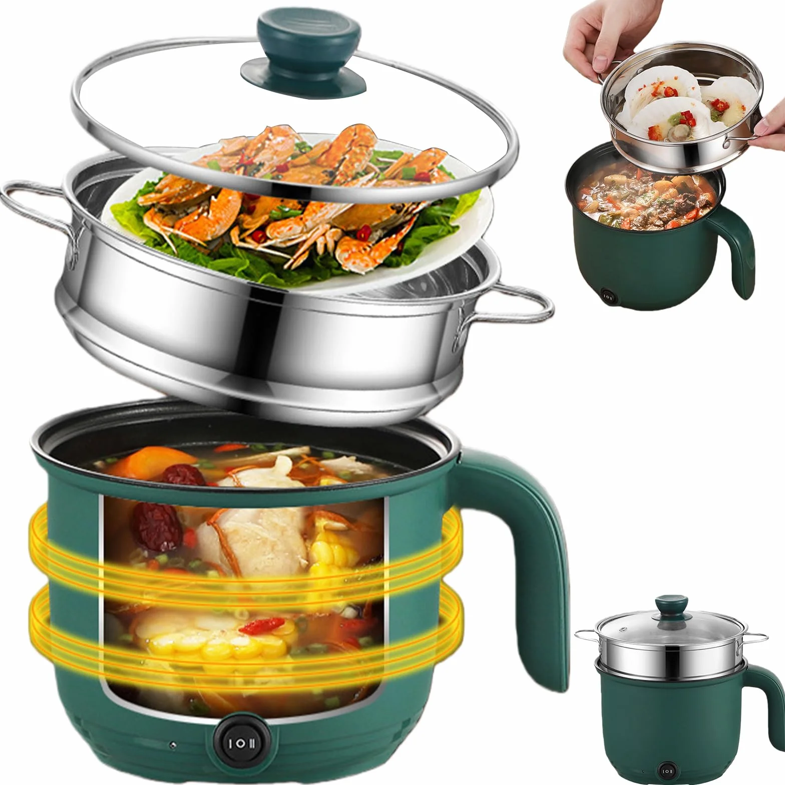 Hot Pot elettrico con piroscafo, mini portatile antiaderente multicooker, pentola elettrica multiuso padella elettrica elettrica elettrica per bistecca/pasta/zuppa/uovo/avena