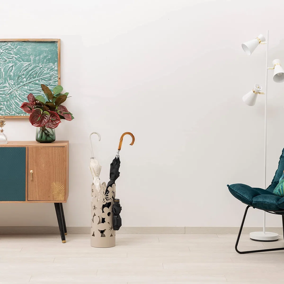 Baroni Home Portaombrelli Design Moderno Porta Ombrelli in Metallo Flowers con 2 Gancini e Vaschetta Scolapioggia Rimovibile 19X19X49 cm (Tortora)