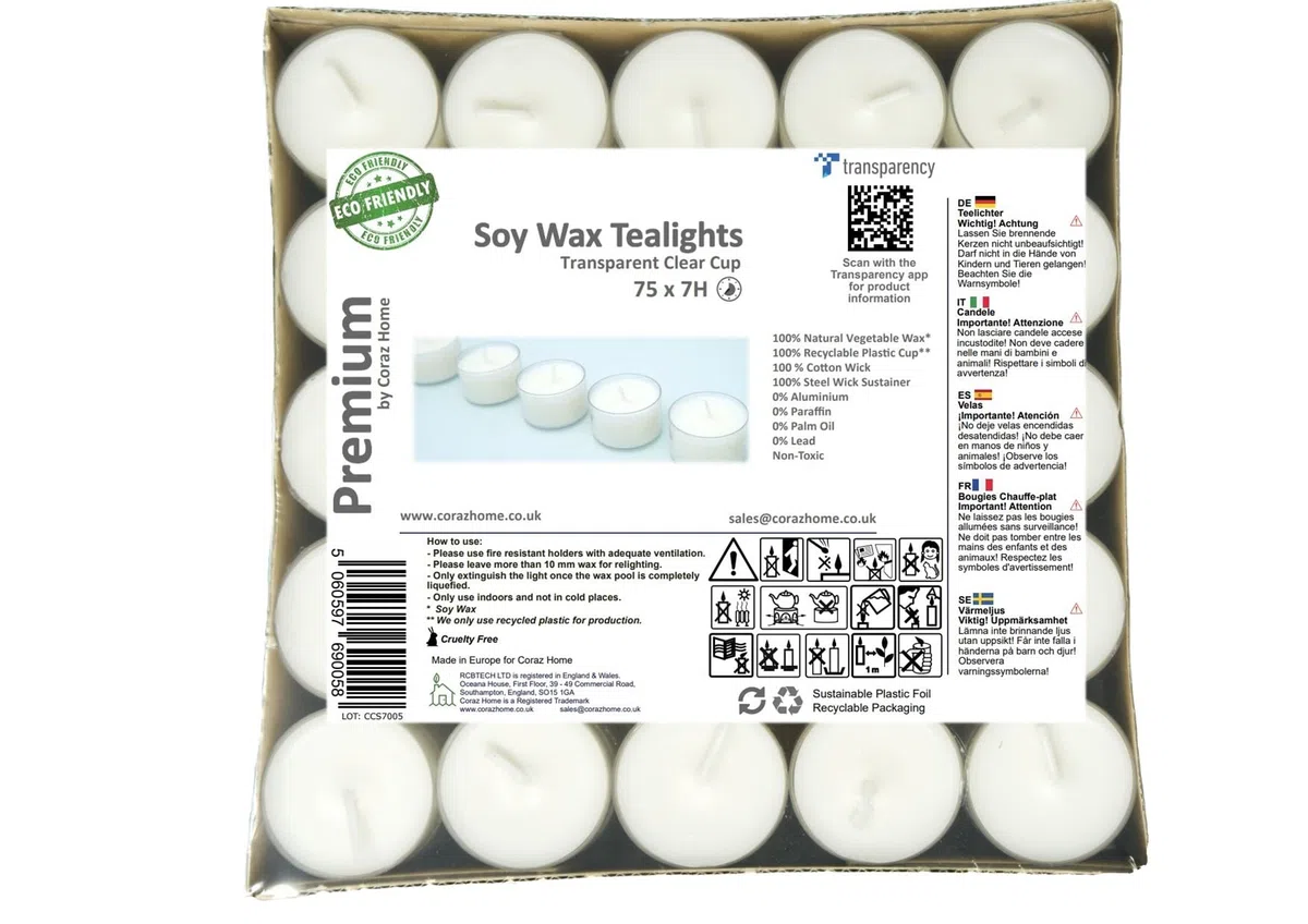 Luci da tè naturali di alta qualità Cera di soia in candele trasparenti con 4 o 7-8 ore di combustione Cera bianca pura non tossica Senza paraffina Senza profumo