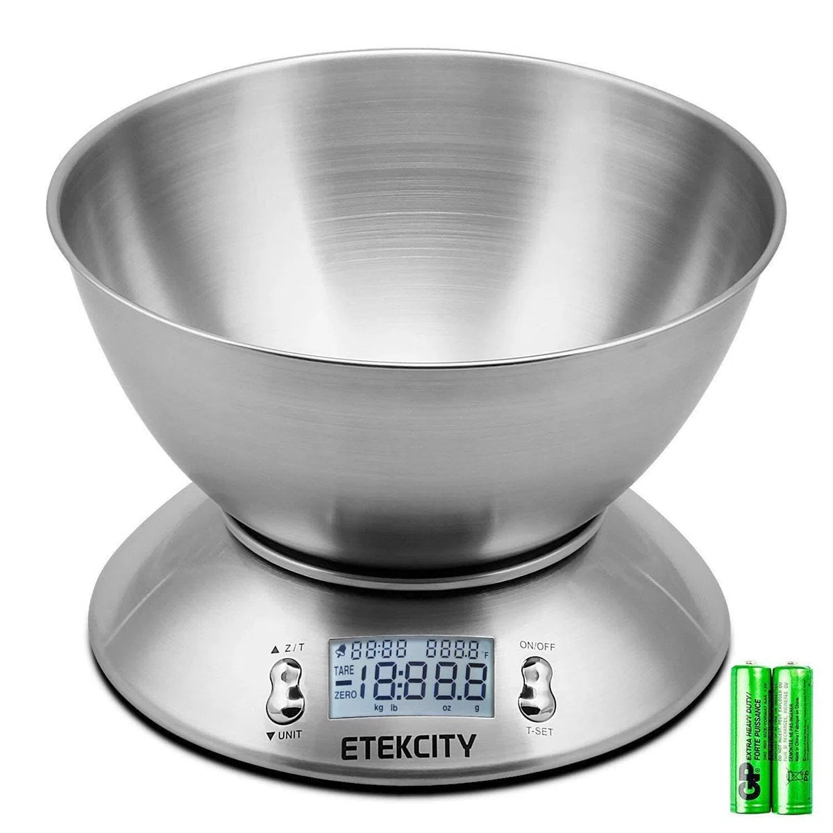 ETEKCITY Bilancia Cucina Digitale, Elettronica in Acciaio Inossidabile 5kg/ 11lb con Ciotola Rimovibile, Funzione Tare, Timer Allarme, Indicatore Temperatura, Display LCD, Argento