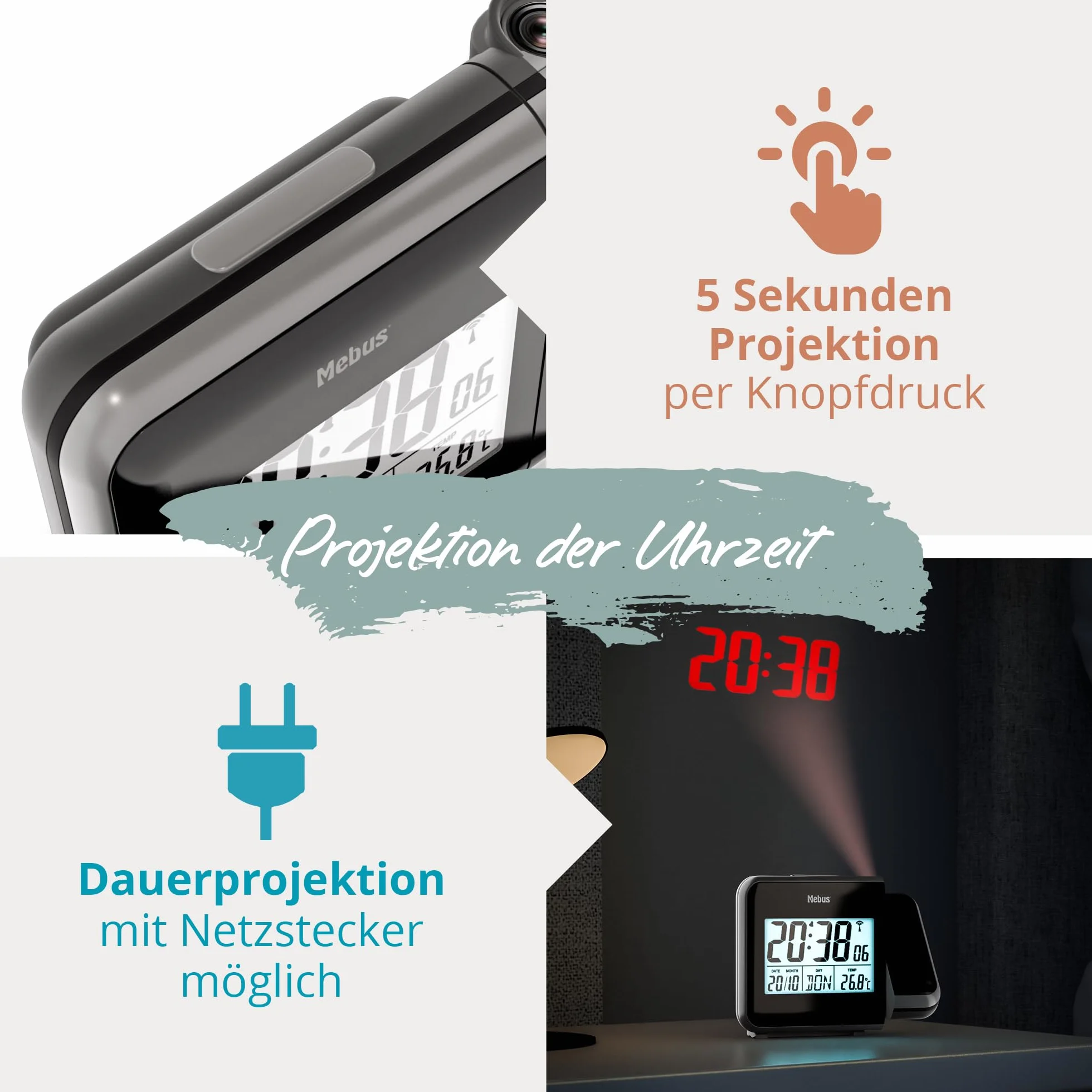 MEBUS digitaler Funkwecker mit Projektion der Uhrzeit an Decke Wand, INKL. Netzstecker, Batteriebetrieb Möglich, Dauerprojektion, schwenkbar, Thermometer/Farbe: Schwarz/Modell: 42425