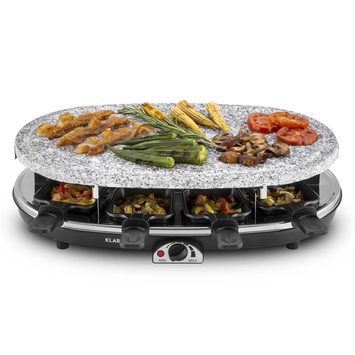 Klarstein Griglia per Raclette con Vassoio in Acciaio Inox, Piastra Raclette Formaggio Rotabile e Regolabile 15W, Piastra Elettrica per Grigliare Carne e Formaggio, Piastra Grill per Interni