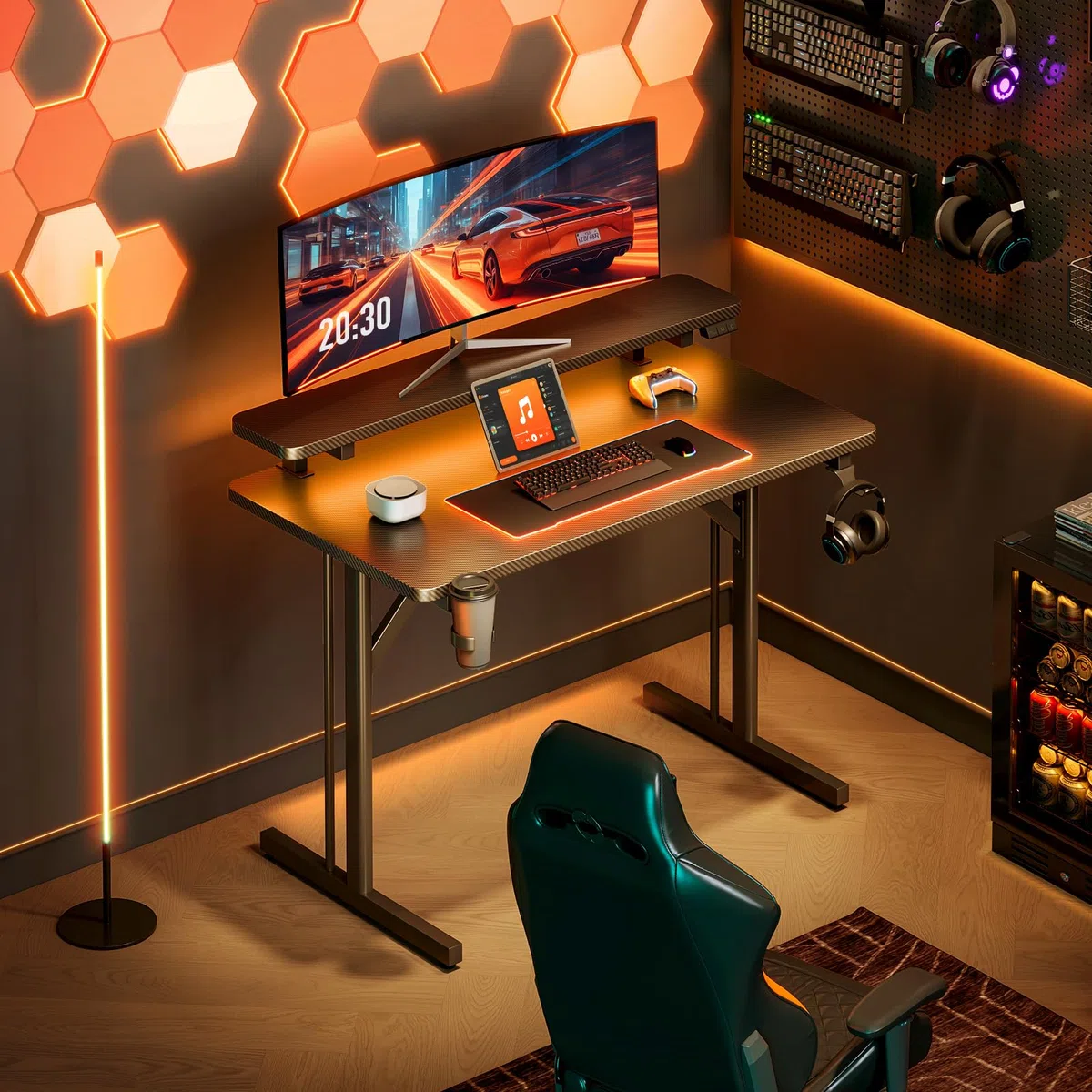 ODK Scrivania Gaming, 80cm Postazione Gaming con Luci LED, Tavolo Gaming con Supporto per Monitor, Scrivania Computer in Fibra di Carbonio Nera