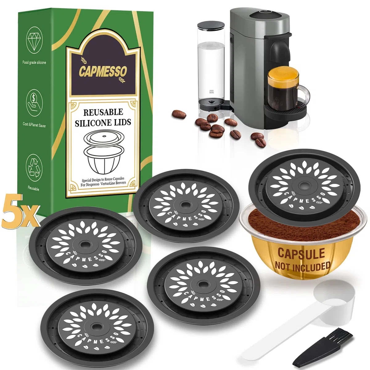 CAPMESSO capsule compatibili nespresso vertuo capsule di caffè riutilizzabili per riutilizzare le cialde Vertuoline, capsule Vertuo ricaricabili su tutte le macchine Ver (5 pezzi in silicone Caps)
