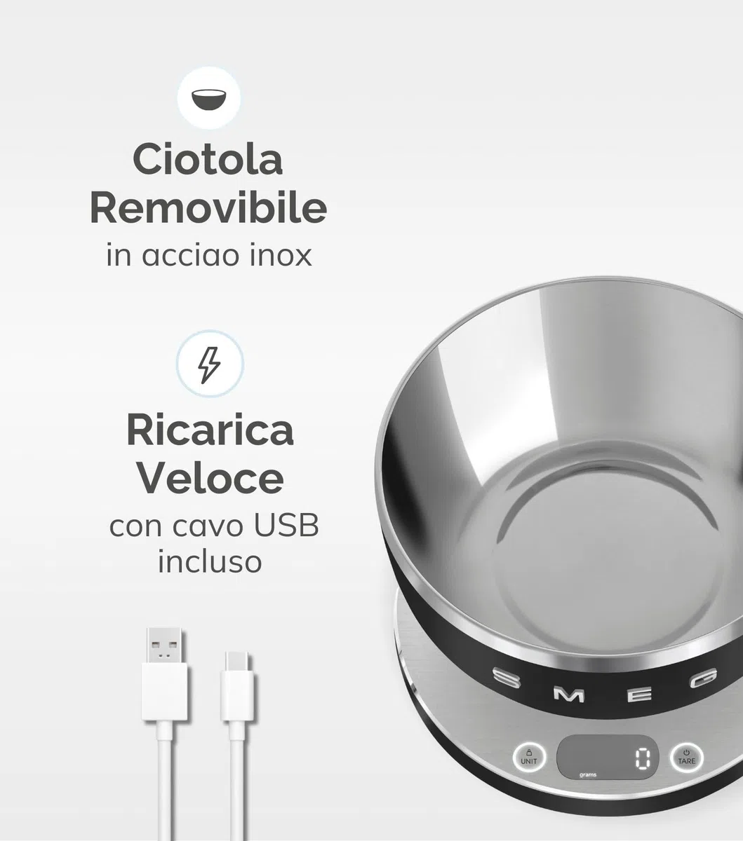 Smeg, Bilancia da Cucina Digitale KSC01BLMWW, Ciotola in Acciao Inox Removibile, Quattro Unità di Misura g/ml e lb.oz/fl.oz, con Funzione Tara, Portata Massima 5kg, Nero