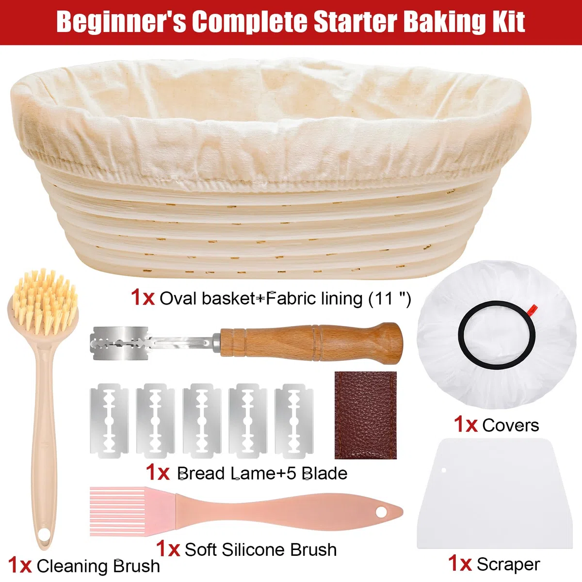 Cestino Lievitazione Pane Ovale 28 cm per 700g di Impasto, Set Cestino Pane in Rattan Naturale con Panno di Lino, Coperchi per Lievitazione, Taglierino, Spazzole - Kit Panificazione Avvio