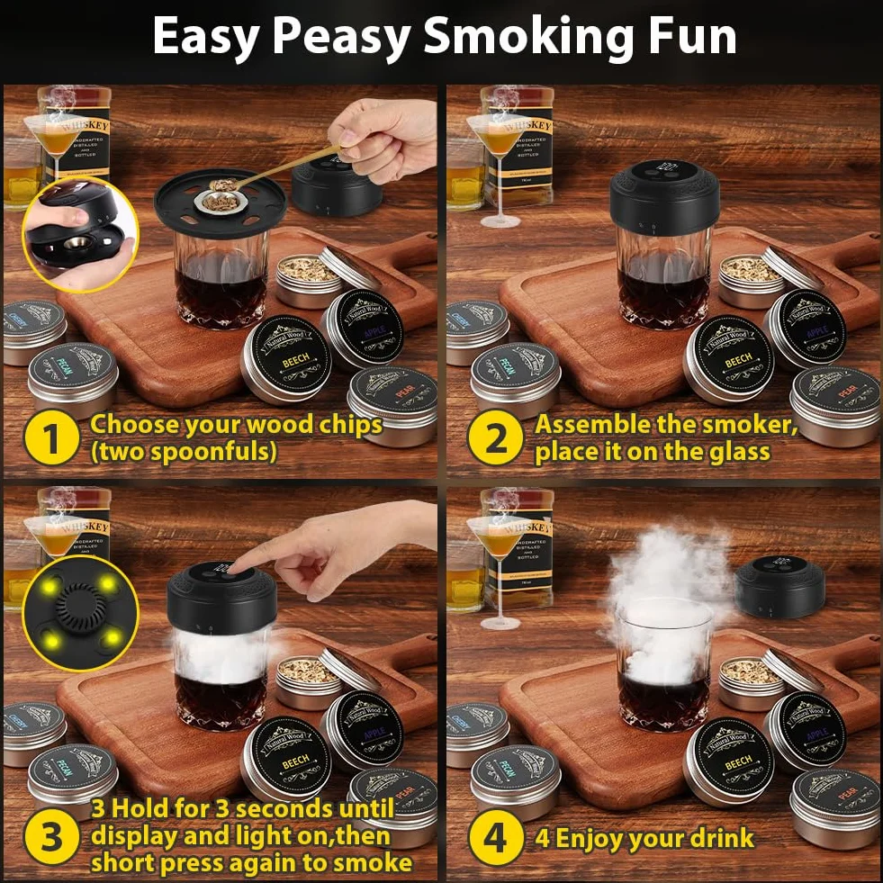 URAQT Kit Per Affumicatores Elettrico da Cocktails, Kit Affumicatore per Whisky Cocktail, Kit per affumicatore per cocktail con 6 Aromi Scaglie Legno, regali di compleanno per uomini, papà