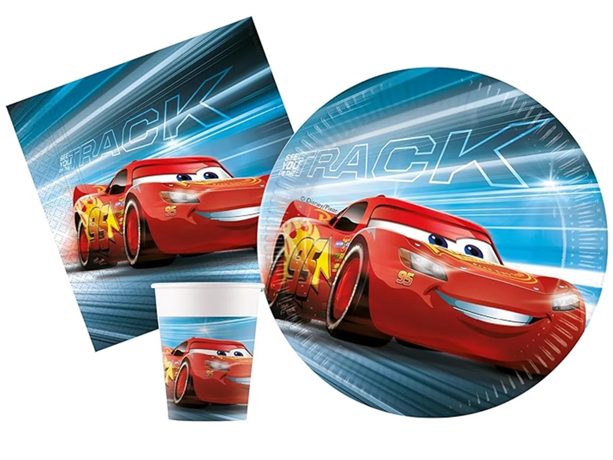 Kit festa di compleanno Cars Victory is Mine per 16 persone eco-friendly (16 piatti di carta ⌀ 23 cm, 16 bicchieri di carta 200 ml, 20 tovaglioli di carta 33x33 cm)