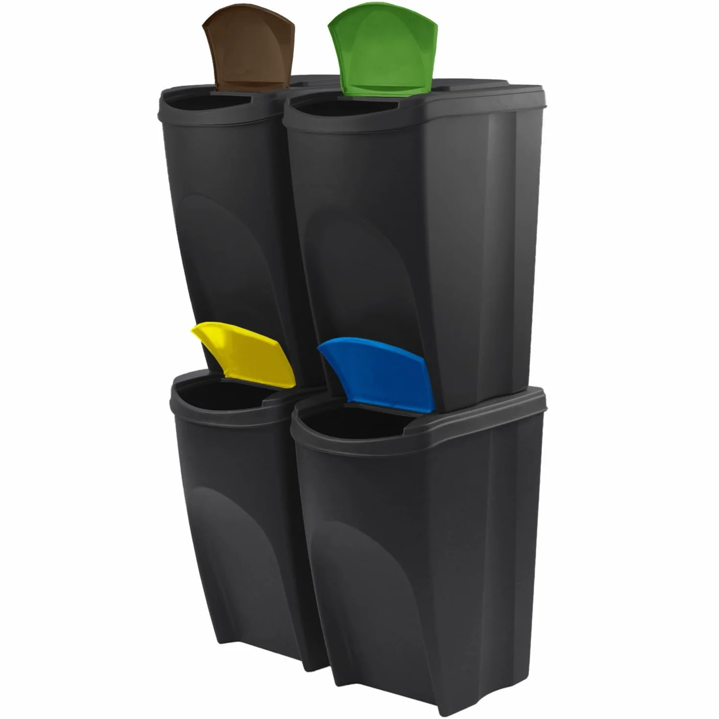 IMJ-Global - Bidoni Differenziata da Interno, Set Cestini Spazzatura Differenziata Impilabili (4x35L) Pattumiera Comoda per Contenere Umido-Vetro-Plastica-Cartone, Kit Raccolta Differenziata Interno