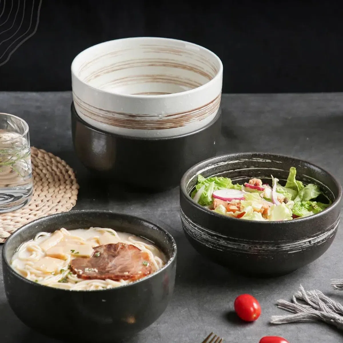 Japanese Ceramic Ramen Bowl Set With Spoon and Chopsticks - Porcelain Soup Bowl