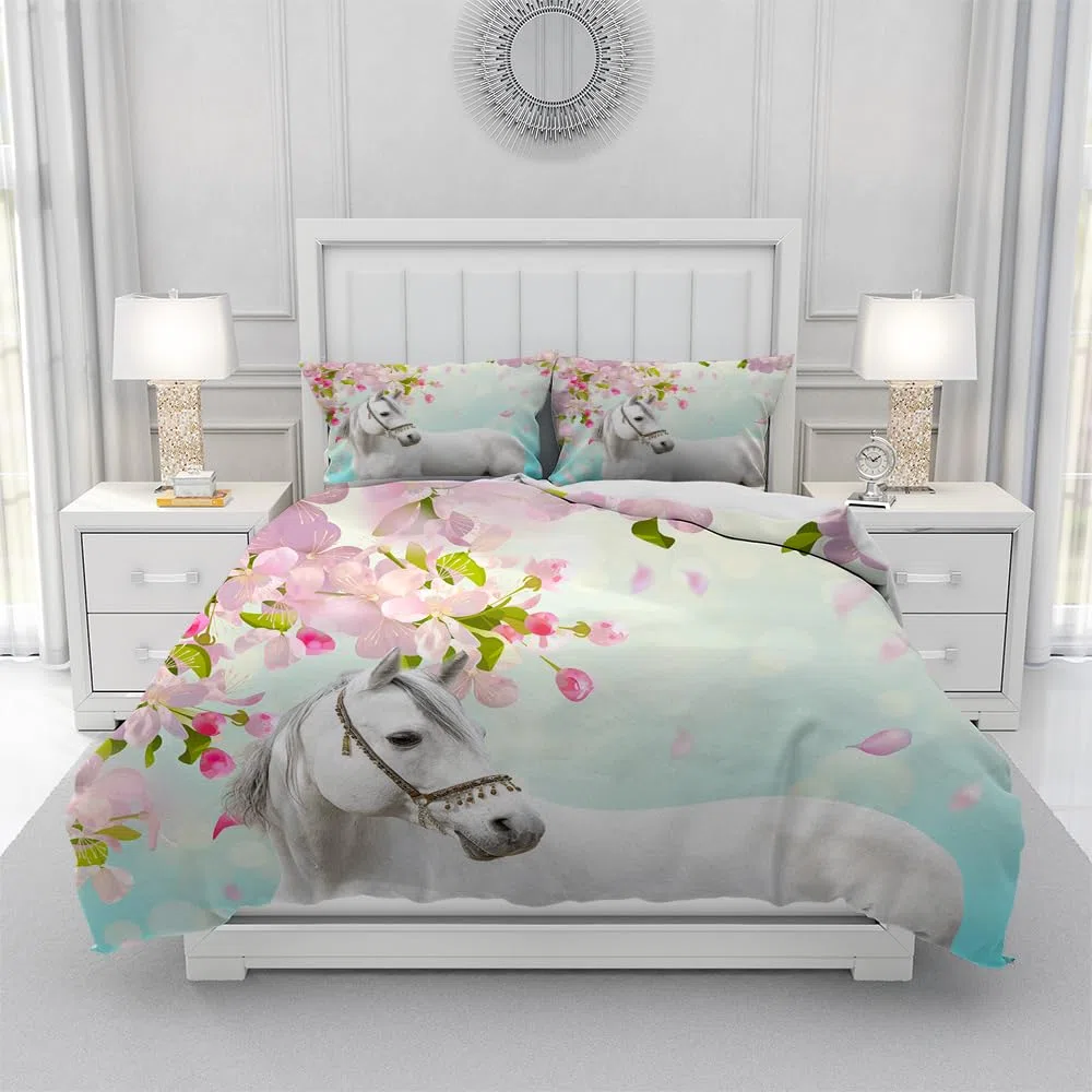 Set di 3 copripiumini con Stampa 3D, Motivo Cavallo, in Microfibra, di Facile Manutenzione, con Federa, per Ragazzi e Ragazze (E, 135x200cm)