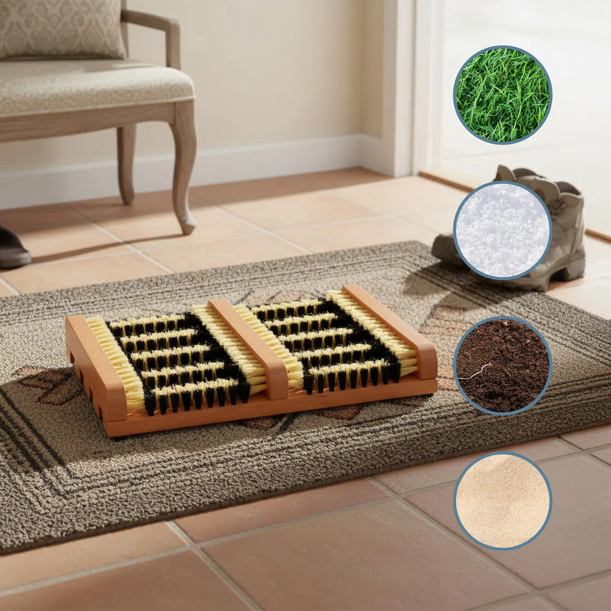 Relaxdays Pulisci Scarpe Ingresso con Spazzole Pulizia Sneaker e Suola Stivali, Tappetino con Setole Dure, Marrone Nero