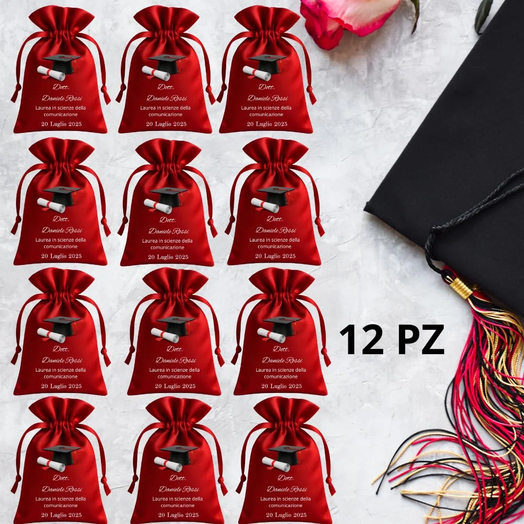 Sacchetti Laurea Personalizzati, in Raso, 12 Pezzi, Rosso, con Stampa Tocco e Pergamena, Bomboniere per Festa di Laurea