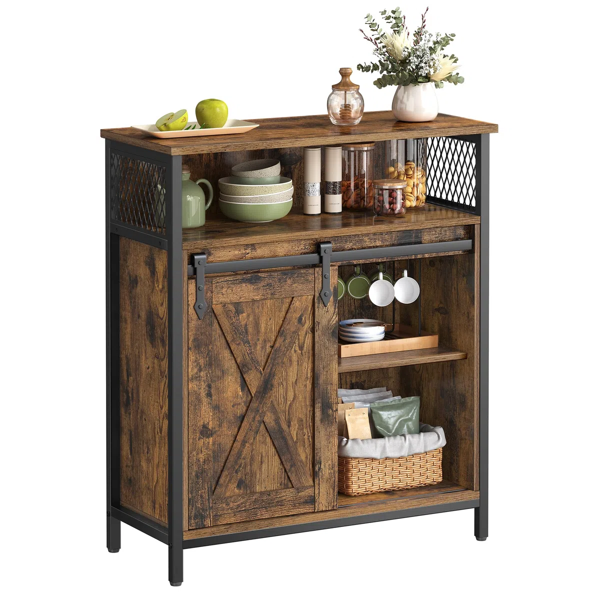 VASAGLE Credenza, Mobile da Cucina, Armadietto Organizzatore, con un'Anta Scorrevole, 30 x 70 x 80 cm, Ripiani Regolabili, Stile Country, per Soggiorno, Marrone Vintage e Nero Inchiostro LSC089B01