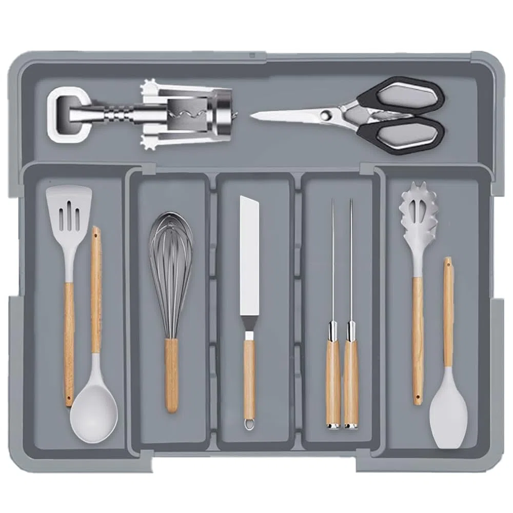 Portaposate da Cassetto Espandibile, Portaposate da Cassetto, Organizzatori per Cucina, con Supporto per coltelli Rimovibile, per Cucchiai, Forchette e Coltelli, Grande (Grigio)