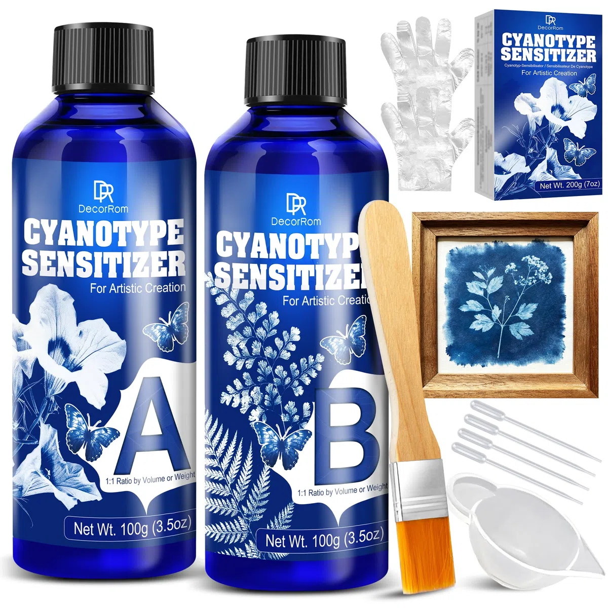 Kit Cianotipia 200g – Soluzione 2 Componenti Pronta all’uso per Tessuto e Carta – Stampa Solare DIY per Arte Vintage Blu, Fotografie Cianotipiche – Principianti & Artisti
