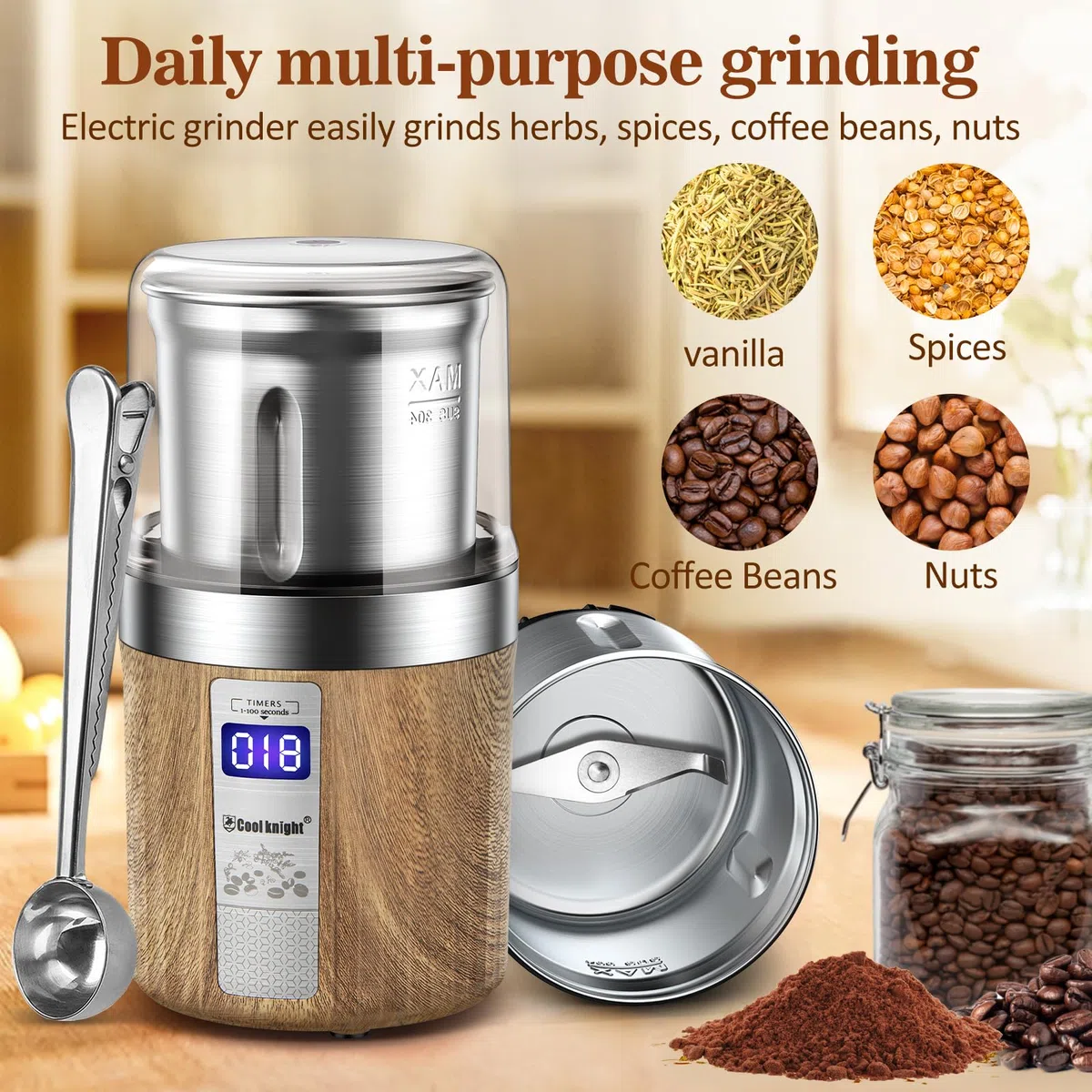 COOL KNIGHT Macinacaffè Elettrico, Macinacaffè Con Contatore E Una Tazza Di Macinatura In Acciaio Inossidabile. 100g Capacità Macina Spezie., Adatto Per Spezie, Chicchi Di Caffè, Noci, Ecc.