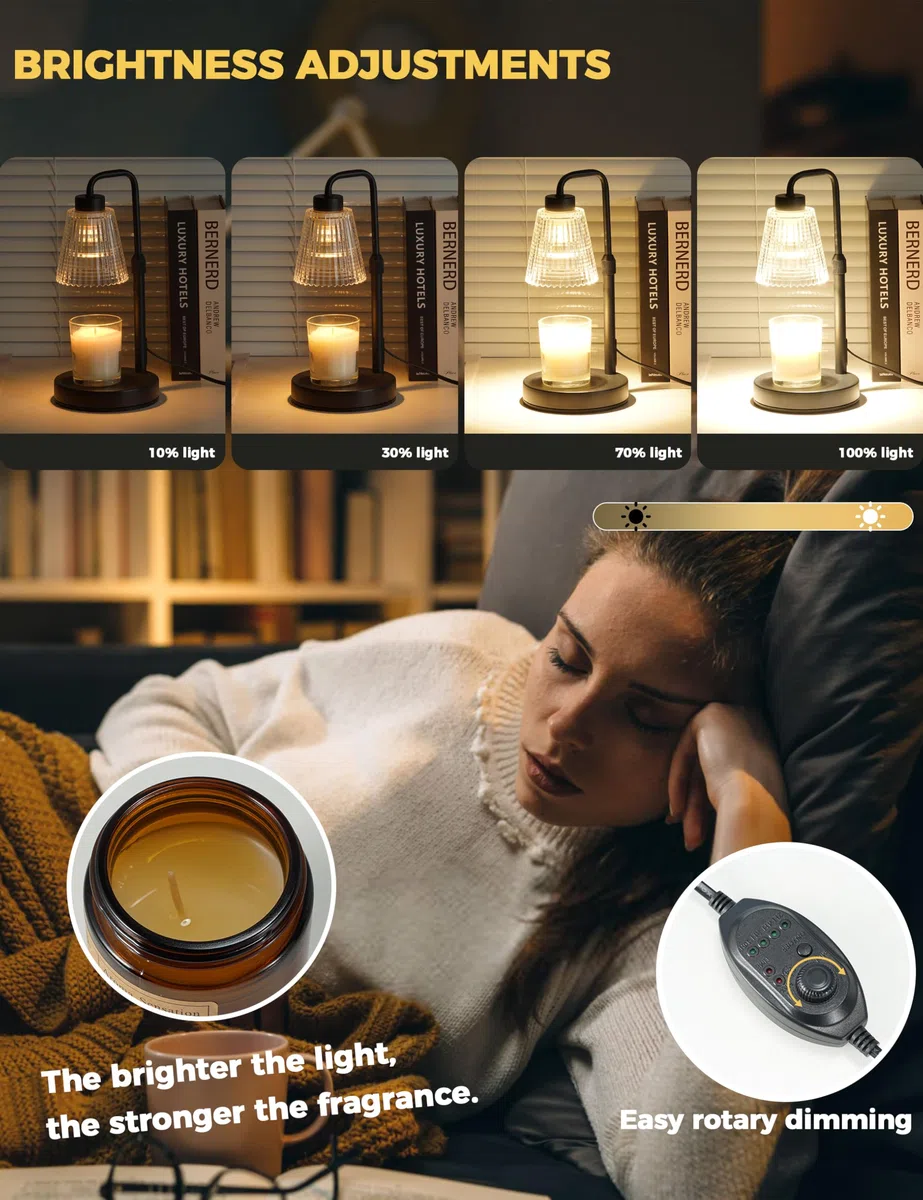 GODONLIF Lampada scaldacandele, altezza regolabile, timer dimmerabile, decorazione per la casa, cera melts, scalda candele in vetro con 2 lampadine, Nero