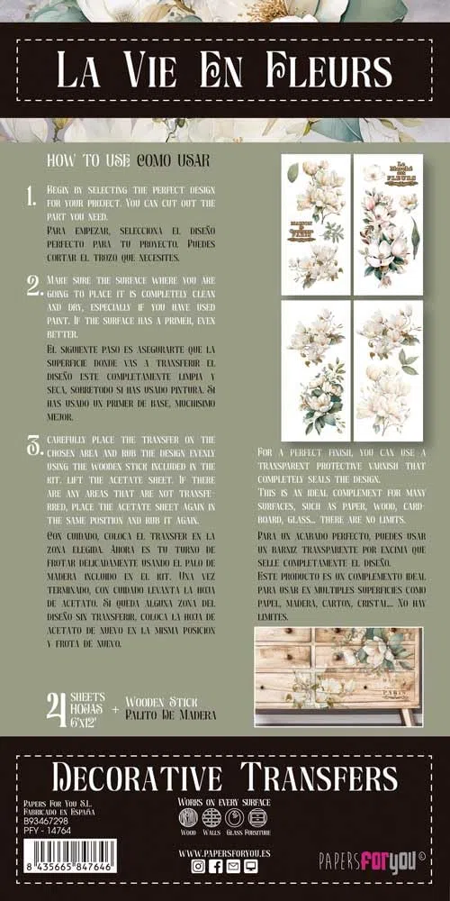 Papers For You - Trasferimenti decorativi per artigianato e mobili/adesivi di trasferimento decorativo/15 x 30 cm 6"x 12" 4 fogli (Magnolie)