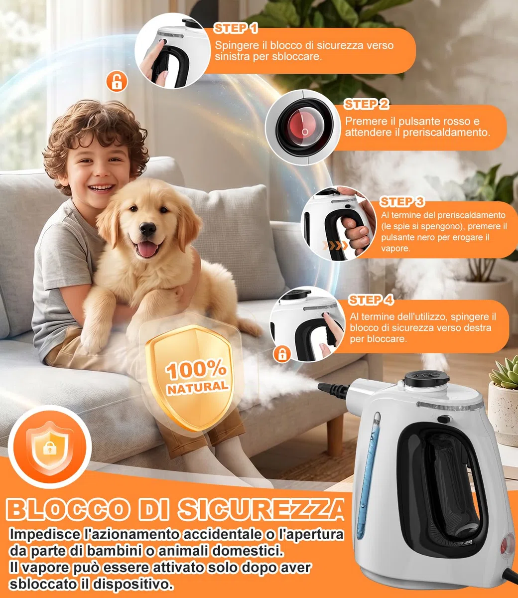 Pulitore a Vapore Portatile 1350W - Riscaldamento 15S, 3Bar, Steam Cleaner con 10 Accessori, Cavo da 3M, Serbatoio 550ML, Vapore a 16 Minuti, Ideale per Tappezzerie, Cucina e Auto