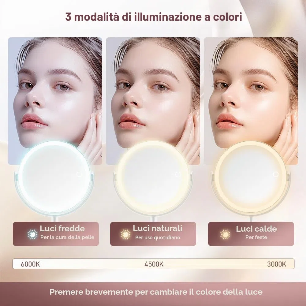 Specchio da trucco con illuminazione, specchio ingranditore 20x con 3 luci colorate, specchio cosmetico con ingrandimento con interruttore bifacciale, specchio ingranditore con luce per camera da