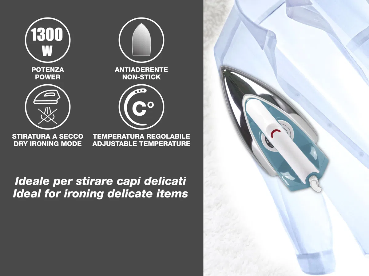 BEPER P204FER250 Ferro da stiro a secco, Ideale per tessuti delicati, Piastra antiaderente, Cavo girevole e antipiega, 1300W