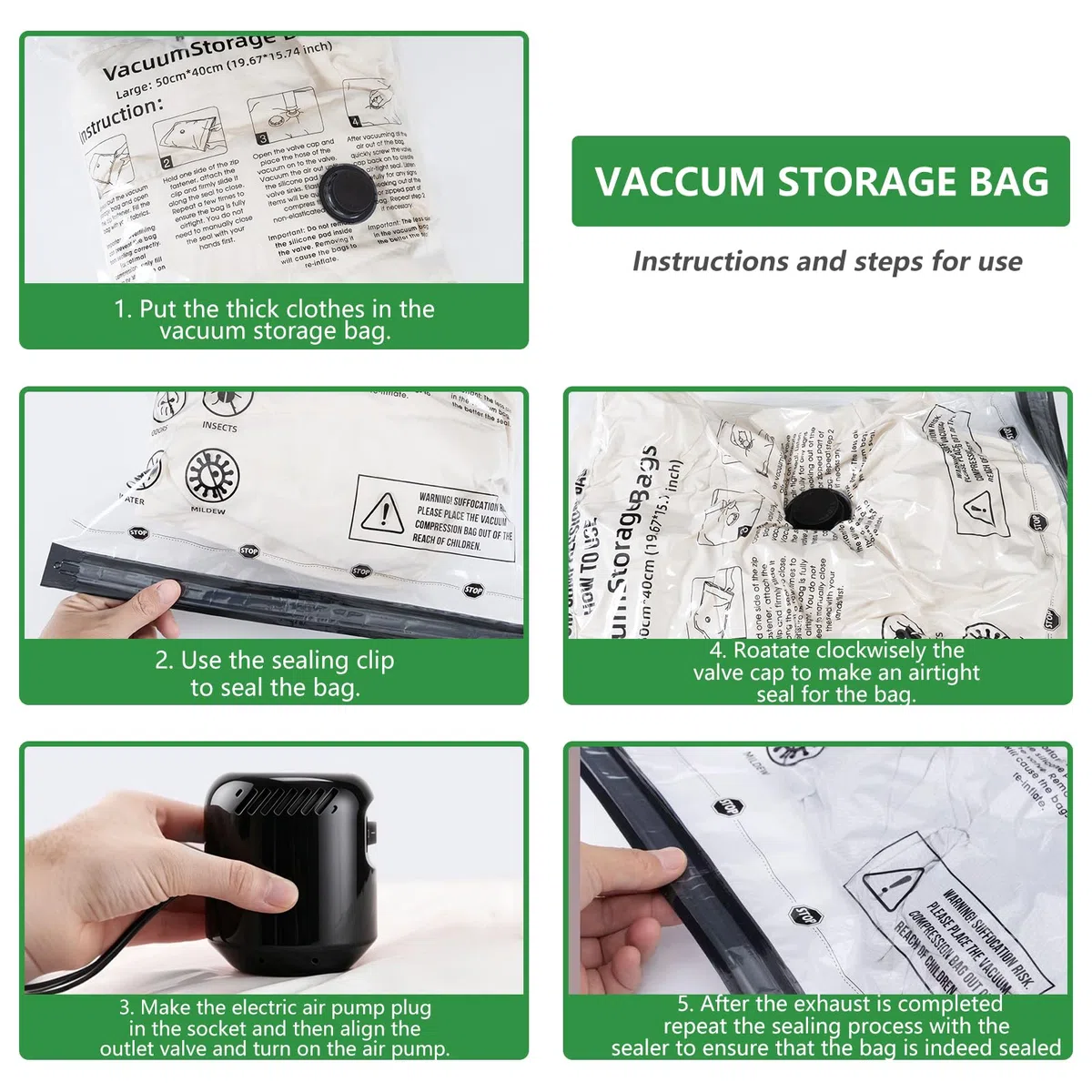 Sacchetti Sottovuoto Vestiti con Pompa Elettrica, 10 Pezzi Sacchetti Salvaspazio Riutilizzabili con Pompa (2XS+2XS+2S+2M+2L), Borse portaoggetti per viaggi, vestiti, piumini, biancheria da letto