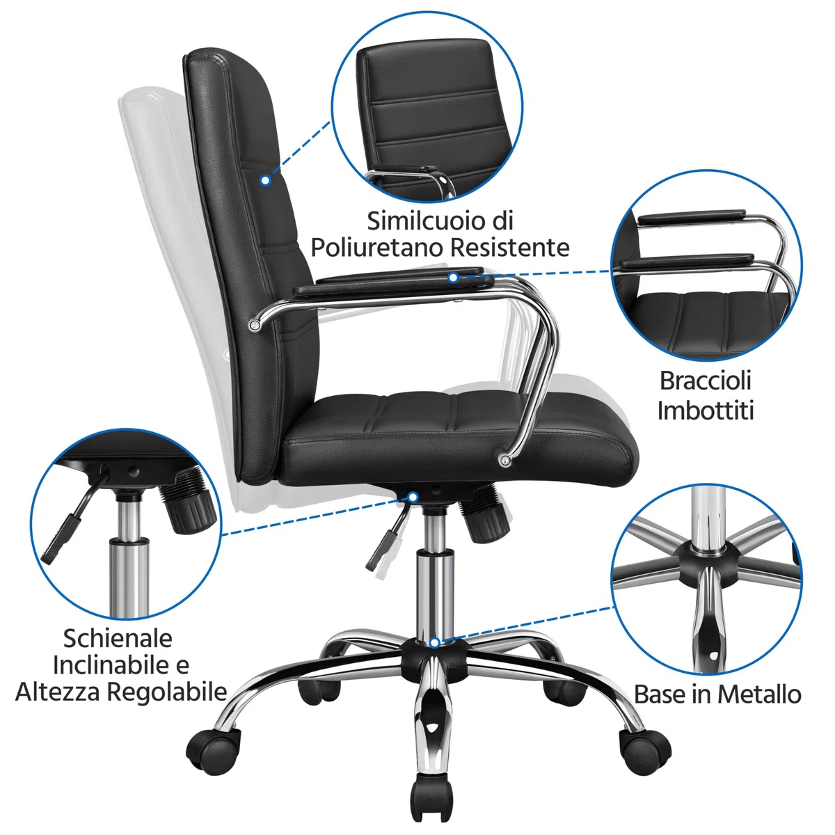 Yaheetech Sedia/Poltroncina Ufficio Scrivania Ergonomica Ecopelle Altezza Regolabile Girevole a Rotelle Reclinabile per Computer Imbottita con Braccioli Portata 130 kg Nera