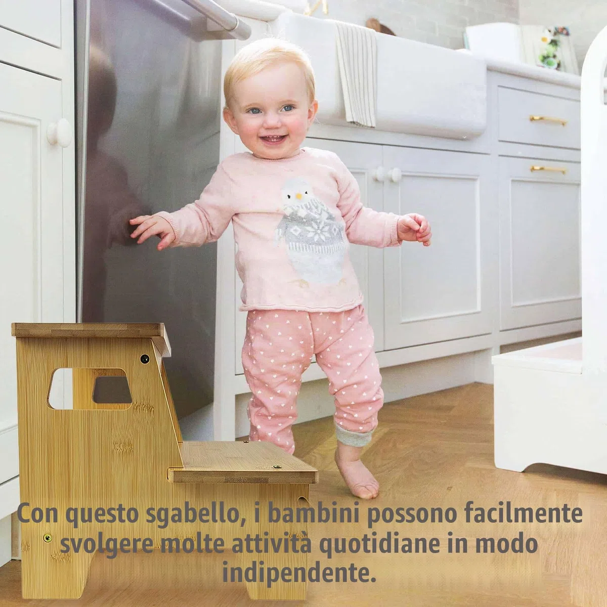 Gradino Legno, con 2 Gradini, Maniglia e Tappetino Antiscivolo, Sicuro e Stabile, Superficie Liscia e Priva di Bave, Adatto a Bagni, Cucine e Camere Dei Bambini