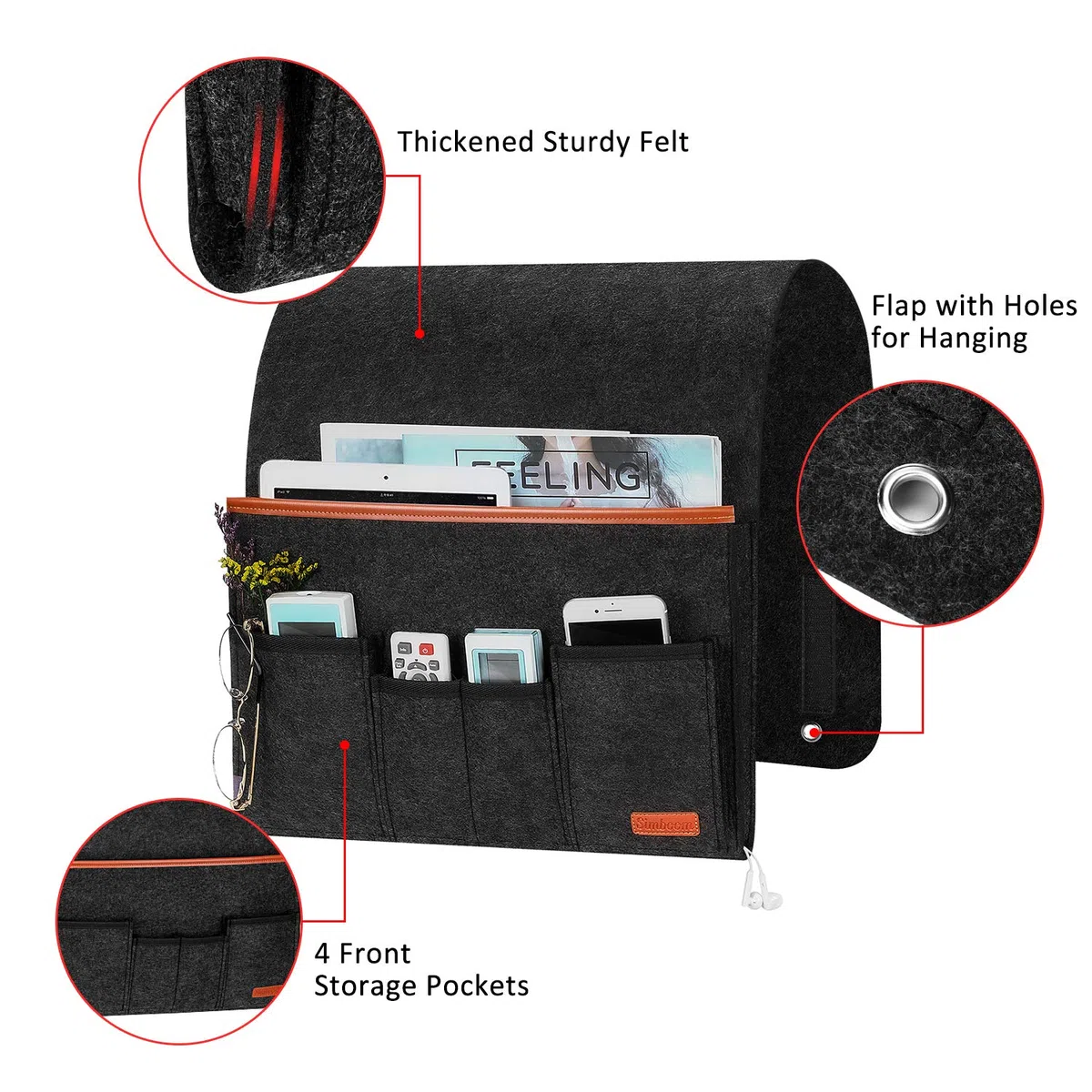 SIMBOOM Borsa da Comodino e Divano Con Antiscivolo Lungo Flap - Tasca Portaoggetti per Letto, Libro, Telecomando, Telefono, Occhiali, Cavo di Ricarica - Grigio Scuro