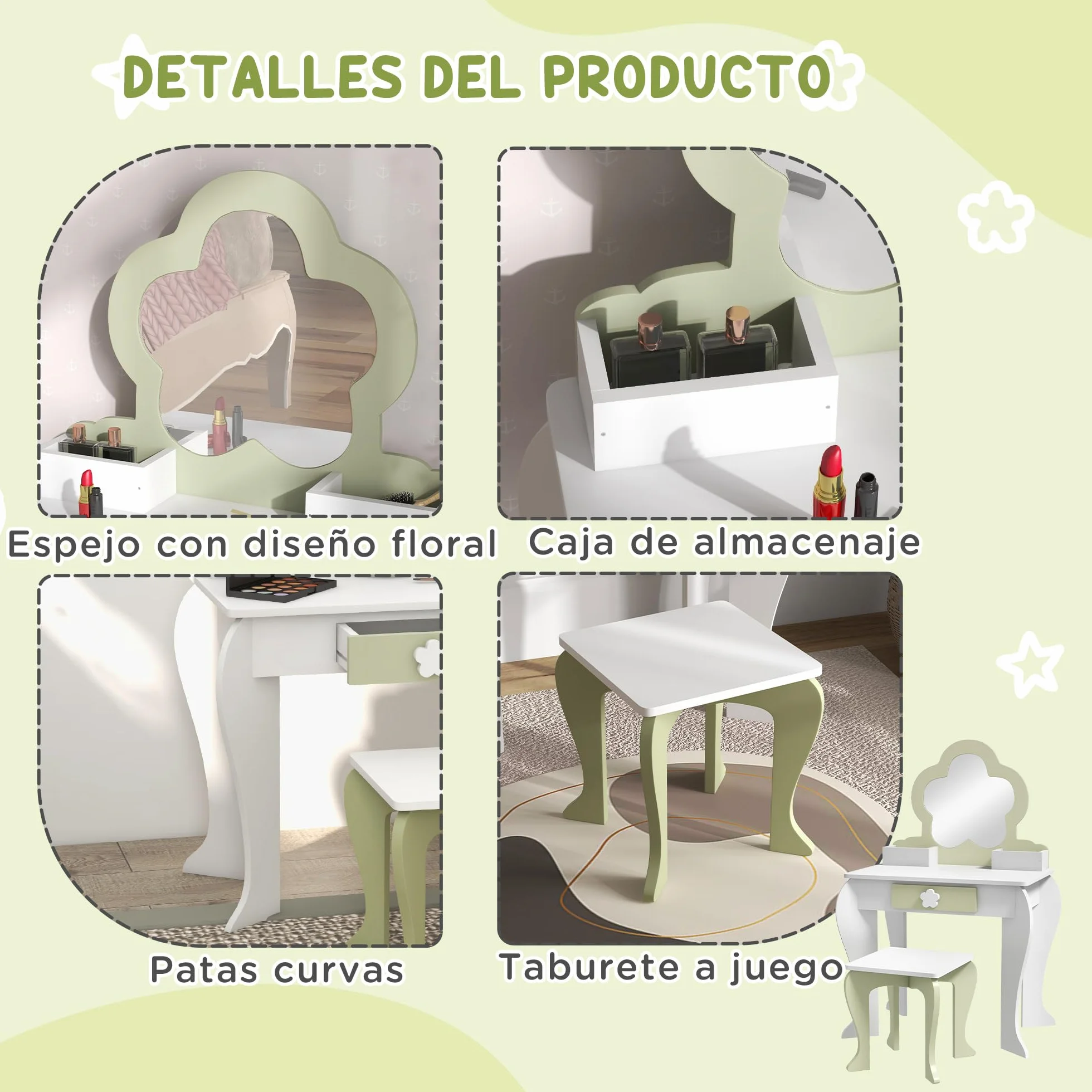 ZONEKIZ Set Toeletta con Specchiera Trucco per Bambina con Sgabello Abbinato, Tavolo Toeletta in Legno con Cassetto e Contenitori, Specchio a Fiore, Bianco