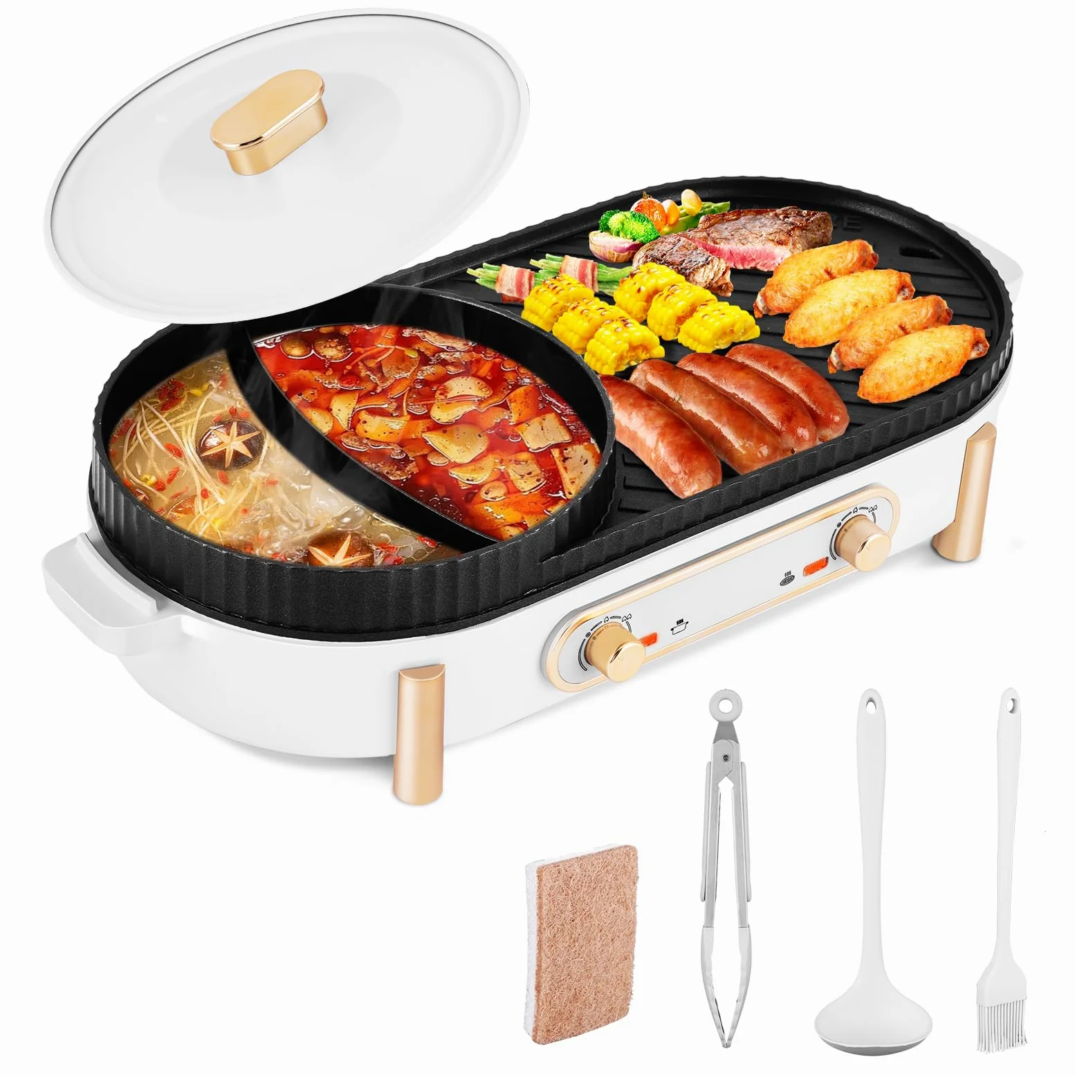 YJINGRUI Hot Pot - Barbecue elettrico 2200 W, 2 in 1, con 2 regolazione indipendente della temperatura per 3-12 persone