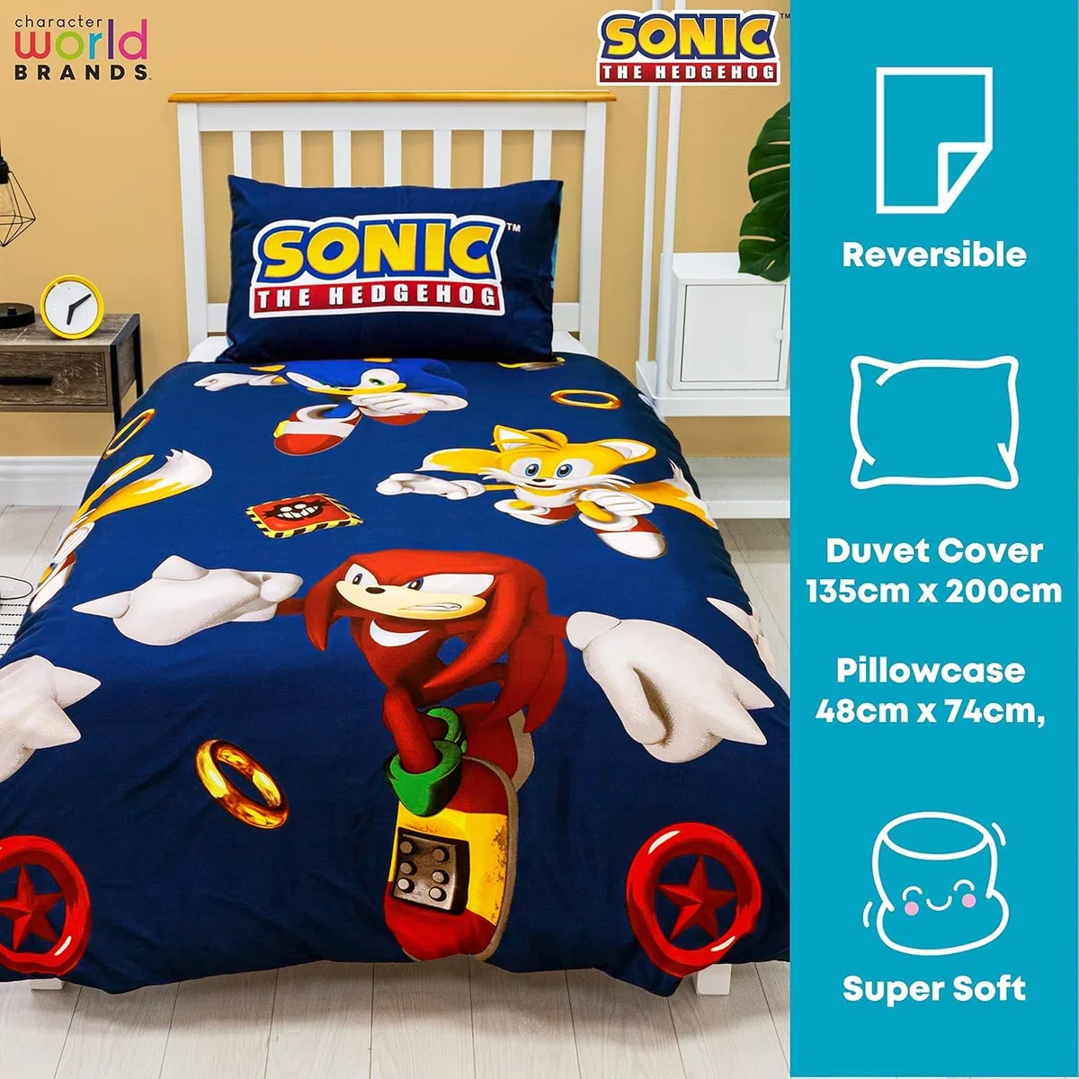 Sonic The Hedgehog, set copripiumino per letto singolo ufficiale con design Jump reversibile su 2 lati, con federa coordinata, set da letto singolo da gioco di Character World Brands | policotone