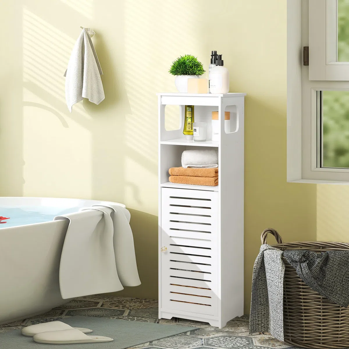 UTOKON Armadietto da bagno impermeabile, bianco a pavimento, per riporre oggetti per la casa, per WC, camera da letto, cucina, soggiorno