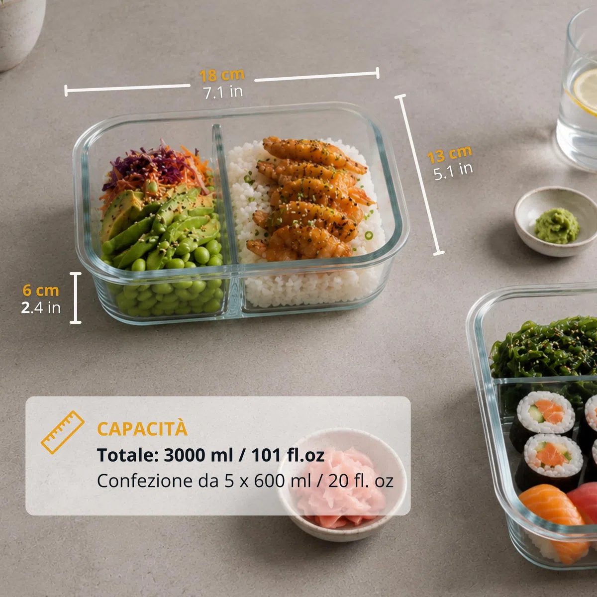 Winter Shore Contenitori Vetro con Coperchio e 2 Scomparti (5 Pezzi) - Bento Box di Qualità Alimentare, Senza BPA, a Prova di Perdite - Set Contenitori Vetro per Microonde, Freezer, Lavastoviglie
