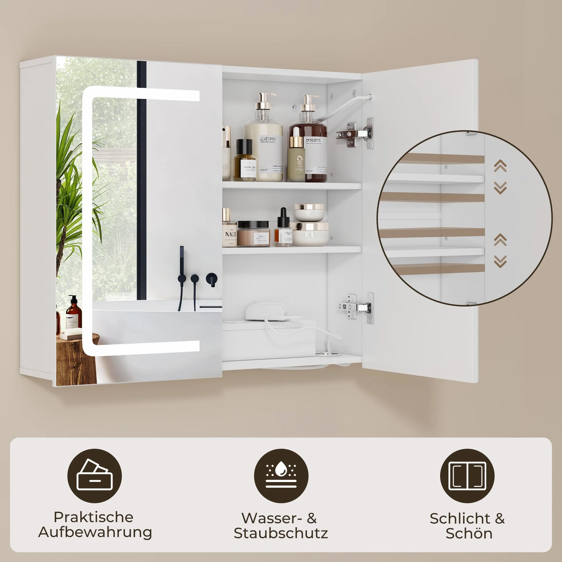 Armadio da bagno con specchio e illuminazione a LED, dimmerabile, con sensore di contatto,presa elettrica, ripiani regolabili,doppia porta in MDF di alta qualità,70X16X60CM,Bianco