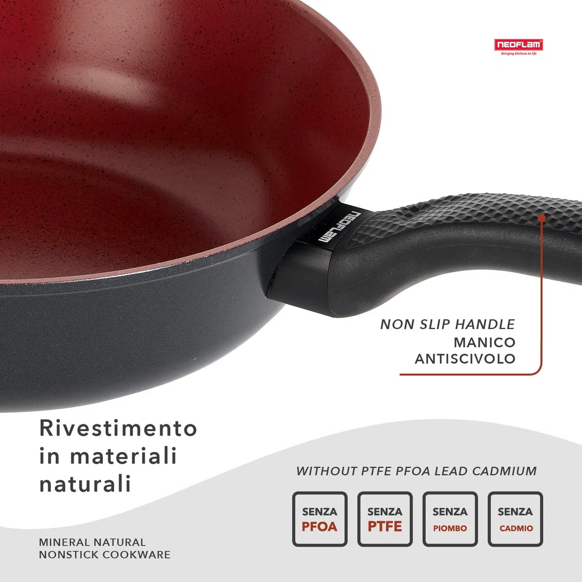 CLASSE ITALY, Linea TUSCANY, Wok cm 28 - Antiaderente naturale a 5 strati, alta resistenza, senza PTFE, PFOA, PIOMBO, CADMIO, per Induzione e Fiamma