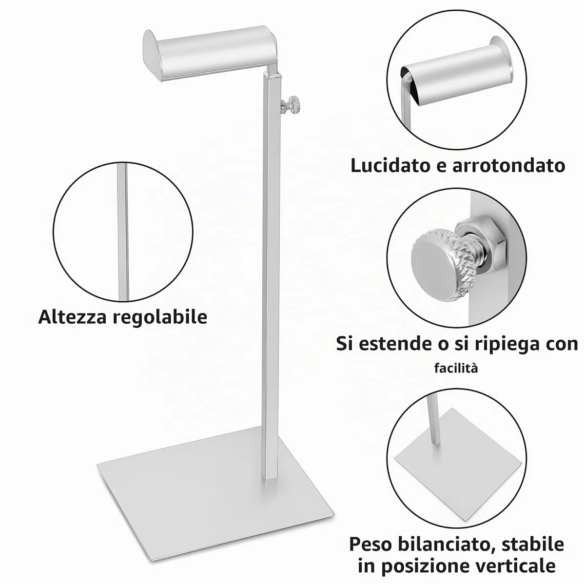 Porta Borse Regolabile [2pz] - Espositore da Terra per Borse e Gioielli, Supporto Borse in Acciaio Inossidabile - Altezza Regolabile, Base Stabile - Argento Metallizzato Lucido