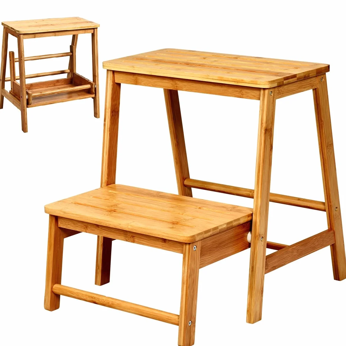 GIANTEX 2 in 1 Scaletta e Sgabello Pieghevole, Scala Multifunzione a 2 Gradini, Salvaspazio per Casa, Studio, Ufficio Portata di 100 kg, Naturale, 45x51x48 cm